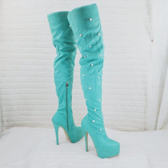 Mint Green Faux Stretch Suede Platform High Heel Thigh High Boots - Picture 1 of 16